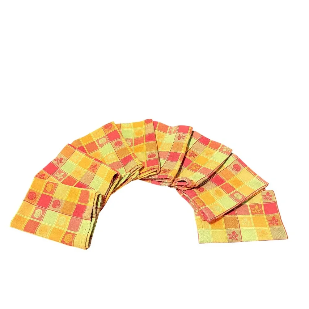8 Vtg Fall Harvest Plaid Cloth Napkins Pumpkin Leaf Orange Red Green Square